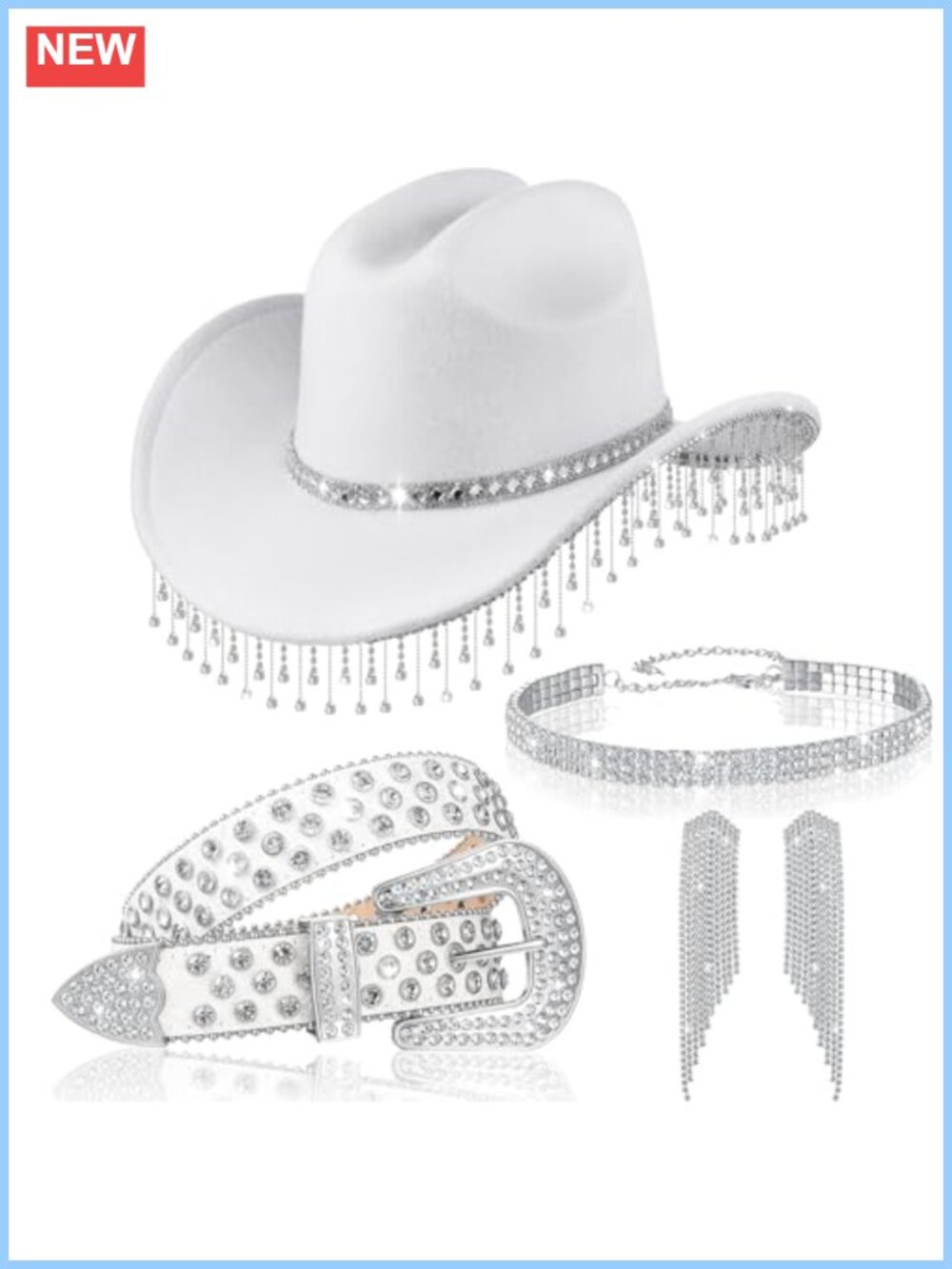Rhinestone Cowboy Hat Set with Belt Necklace Bracelet Earrings Western Costume